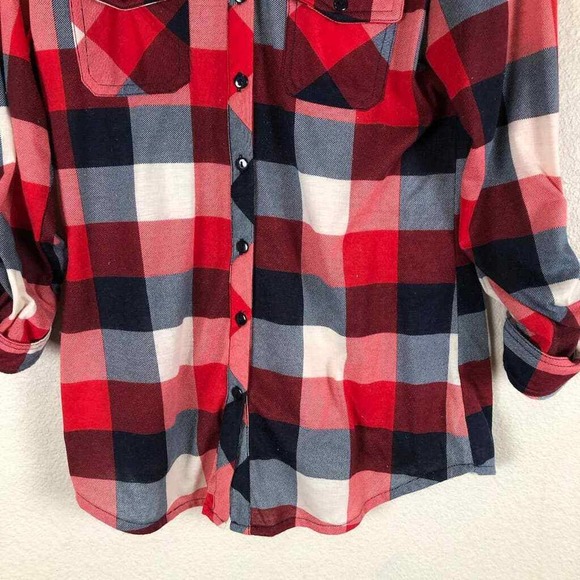 R N B Shirt Red Black Check Roll Tab Button Up Pockets Colorful Womens Medium - Picture 5 of 15